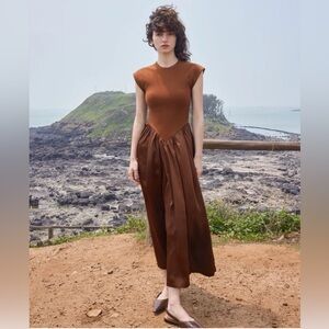 Ancosti patchwork cap sleeve maxi dress in brown